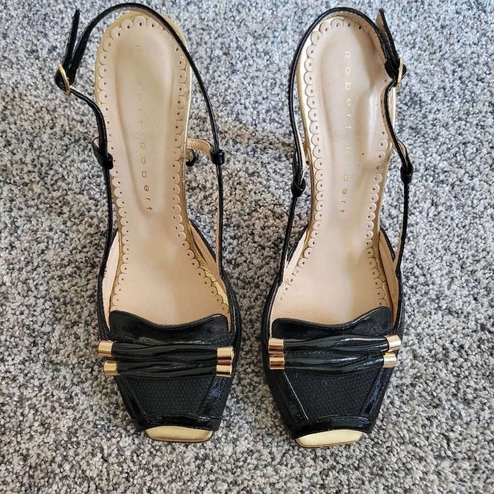 Robert Robert Black and Gold Slingback Leather  Peep Toe Heels Sz 7 US Euro 38 - Picture 4 of 10
